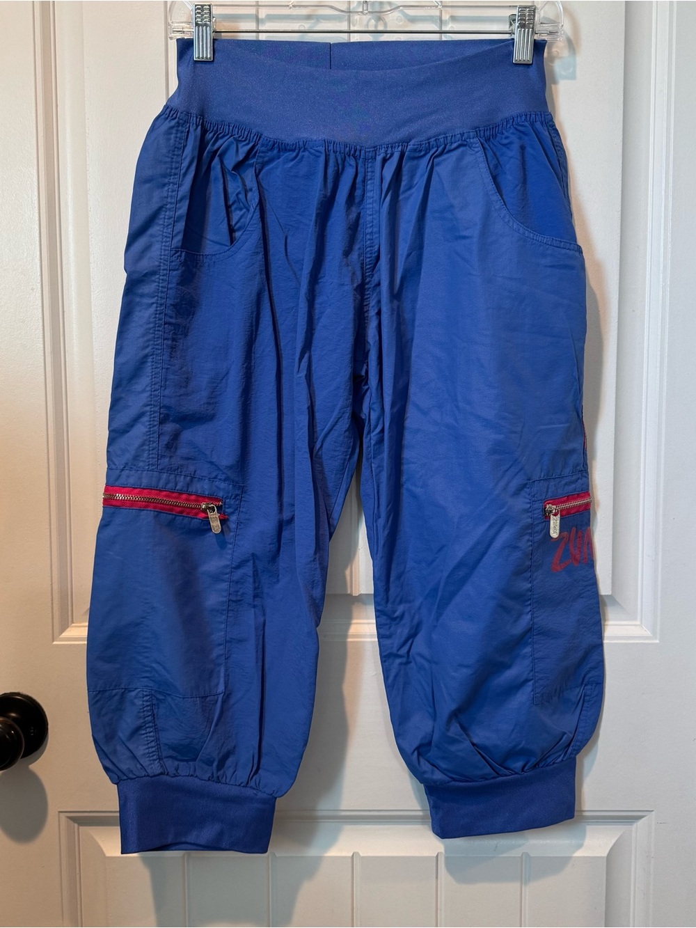 Zumba Fitness Royal Blue Cargo Capri Pants with Pink Zip Accents